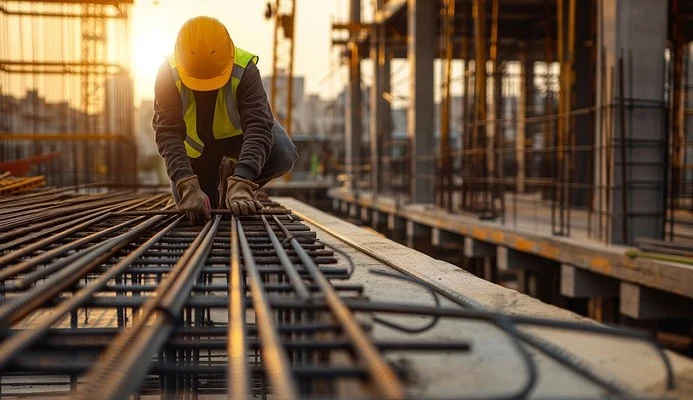 Ferraillage sur chantier au coucher du soleil